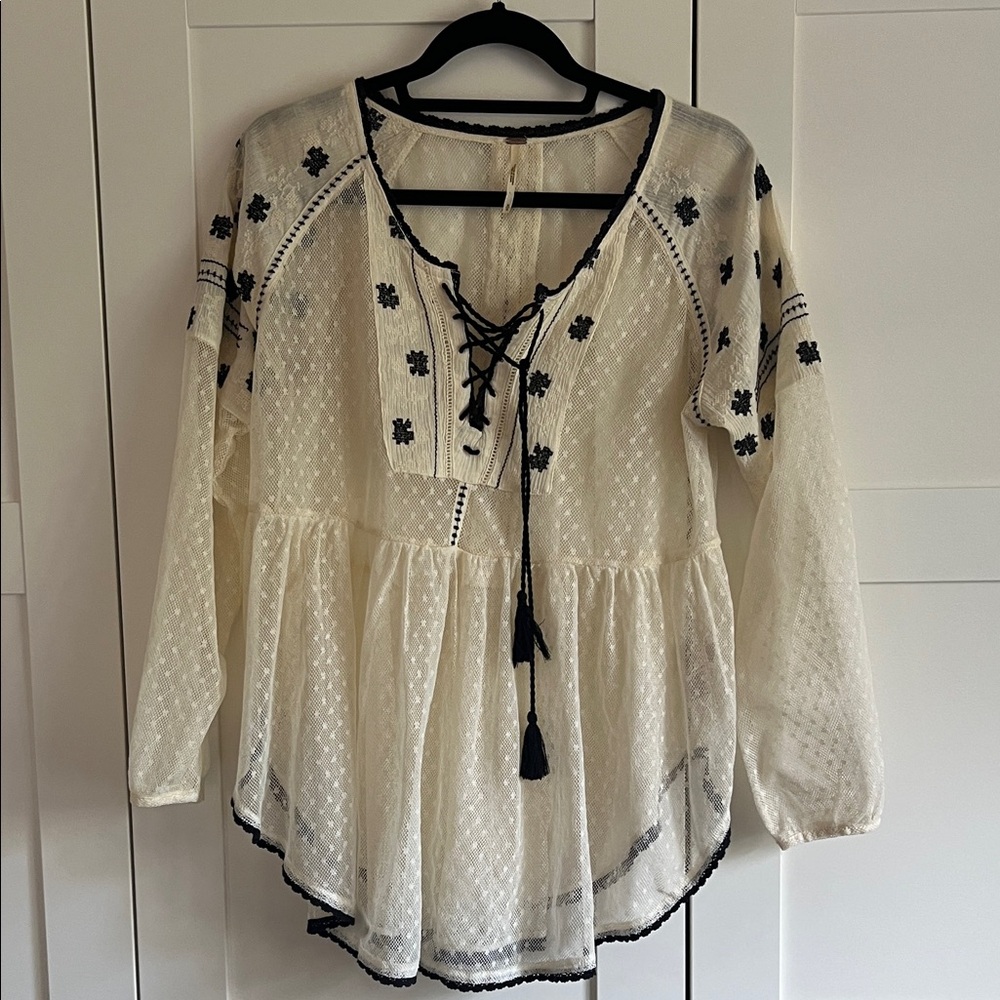 Free People Ivory Peasant Tunic with Black Embroidery